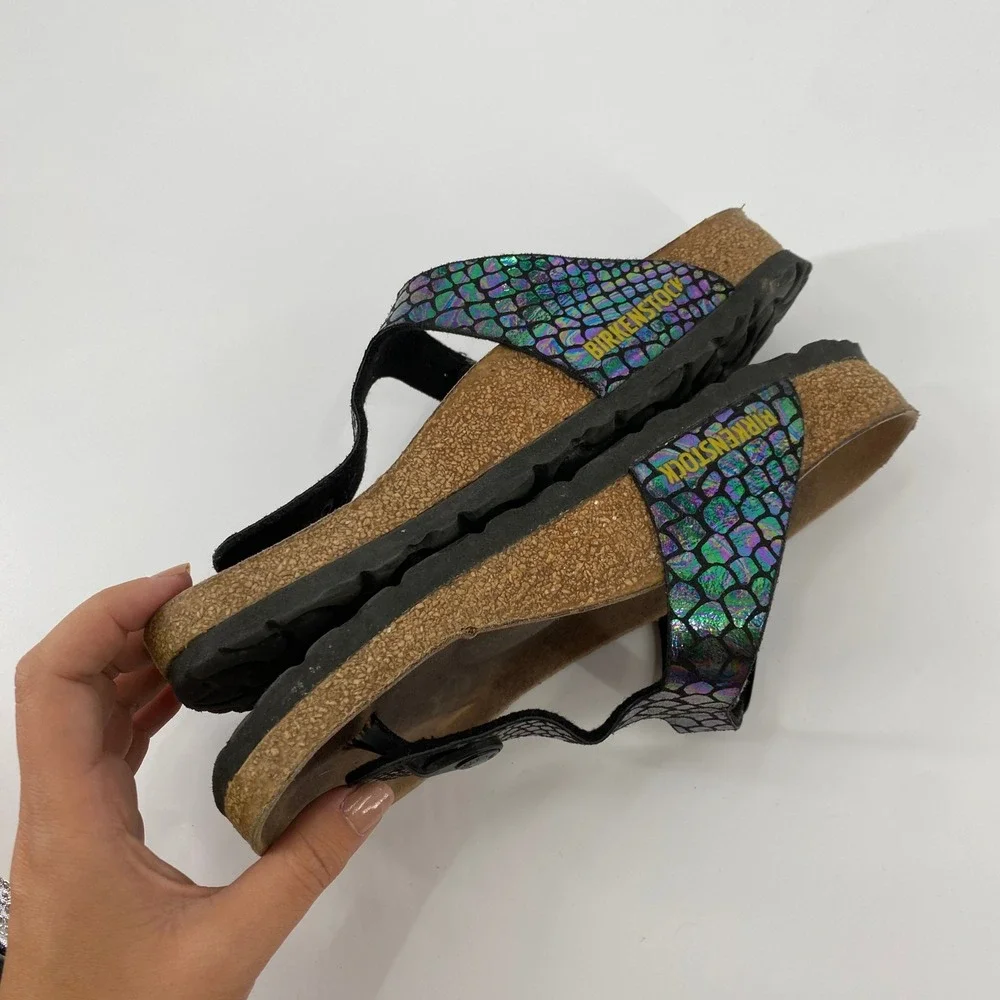 Birkenstock Mermaid Sandals Womens 36 Black Iridescent Snake Print Thong Buckle